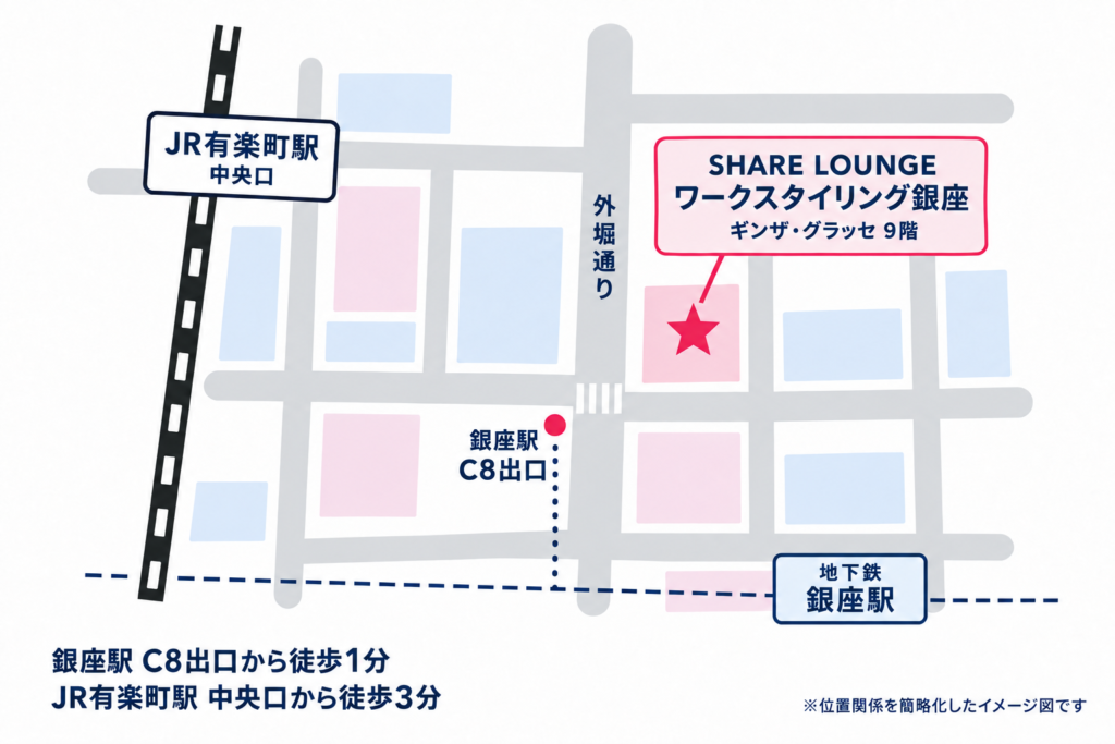 「不動産の知恵」が作成したSHARE LOUNGEワークスタイリング銀座の地図